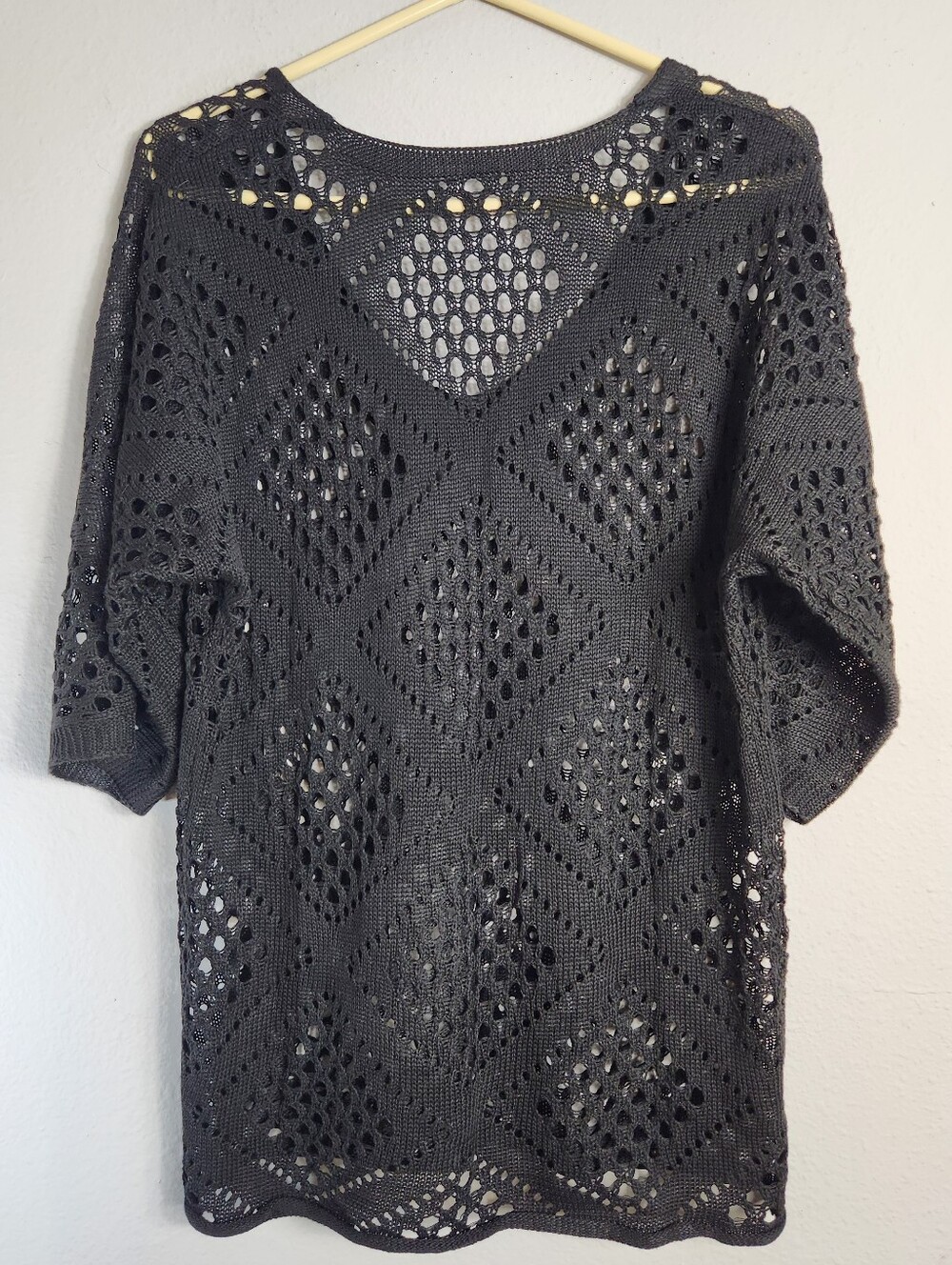 Womens |XL| Black Loose 3/4 Sleeve Open Crochet Knit Top - Picture 5 of 7